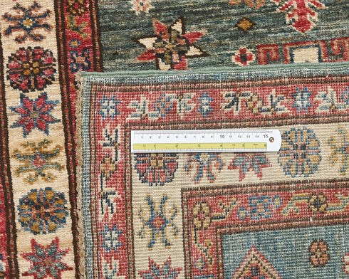 19 Feet Green Kazak Afghan Hand Knotted Wool Runner Rug